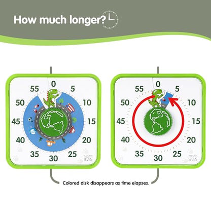 TWENTY5 SEVEN Countdown Timer 7.5 inch, 60 Minute 1 Hour Visual Timer for Classroom Teaching Tool Office Meeting, Mechanical Countdown Clock for Kids Exam Time Management Magnetic, Green Dinosaur - color: Green Dino