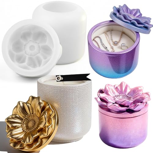 Jar Resin Mold with Poppy Flower Lid Jewelry Storage Silicone Mold | Epoxy Jar Molds for Resin Casting, Trinket Pot, Jewelry Storage Box Container, Flowerpot, Candle Holder, Concrete Craft Decor - color: Flower Resin Molds