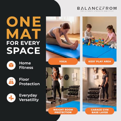 BalanceFrom 6x2 Feet 3-Panel Folding Gymnastics Mat – 1.5-Inch Thick Pad with Vinyl Surface and Carrying Handles for Tumbling, Yoga, Pilates, Home Workouts, and Martial Arts - color: Blue