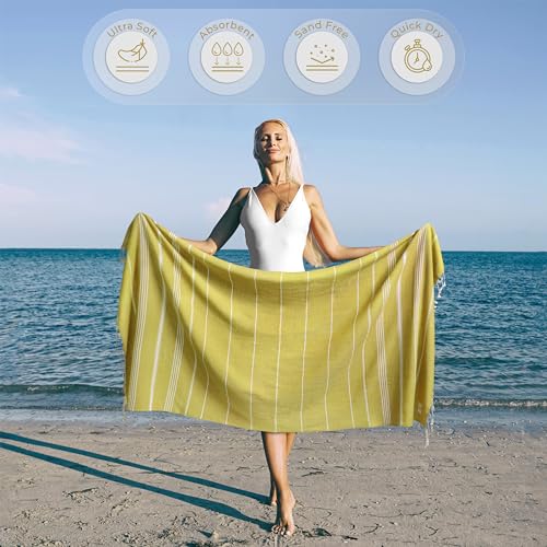 Ossano Turkish Beach Towel Quick Dry & Absorbent Oversized (39" x 71") - Compact, Versatile and Functional as Yoga Mat, Picnic Blanket, Travel Blanket, Bath, Camp and Shower Towel - Yellow - color: Yellow
