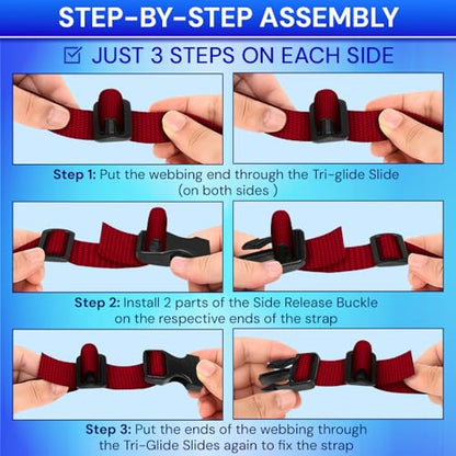 TECEUM 1" Nylon Strap Kit with Buckles, Red 6 yards Repair Set | Heavy duty hardware kit: 6yd webbing, 6 quick release buckles, 12 tri-glide slide clips, 6 metal D-rings for crafting. - color: Red, size: 1" - 6 yards, style: 6 Buckle - 12 Slides - 6 D-rin