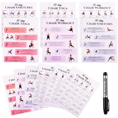 Karlaris 30 Day Chair Yoga Chart Posters Set, 6-Pack | Workout Charts with Black Marker, Stretching & Gentle Seated Exercise Chart, Office Yoga Poses, Senior Exercise Guide