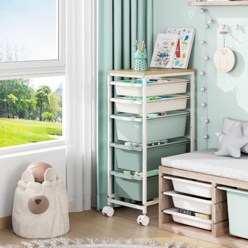 KINGBOARD Slim Rolling Cart with 5 Drawers, Metal Utility Storage Cart | Wooden Tabletop, Lockable Wheels, Table Side Trolley for Bedroom, Children's Room and Office Organization, Green - color: Green, size: 5-Tier