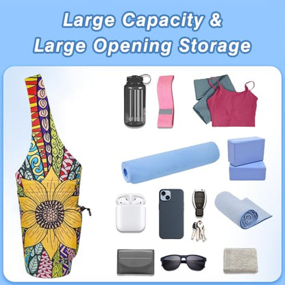 Yoga Mat Bag - Large Opening Long Tote Yoga Mat Carrier Holder Bag with Waterproof Wet Zipper Pocket and Drawstring Water Bottle Pocket - Yoga Bag Fit Most Size Mats - color: Sunflower