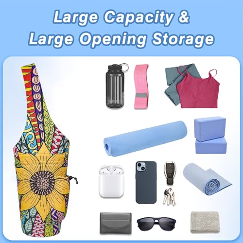 Yoga Mat Bag - Large Opening Long Tote Yoga Mat Carrier Holder Bag with Waterproof Wet Zipper Pocket and Drawstring Water Bottle Pocket - Yoga Bag Fit Most Size Mats - color: Sunflower