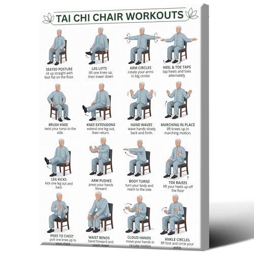 Tai Chi Chair Workouts Poster, Senior Seated Exercise Guide, Gentle Chair Yoga Print for Elderly Fitness, Home Gym & Physical Therapy - color: colorful02, size: 18"L x 12"W