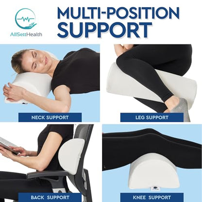 AllSett Health Half Moon Bolster Pillow for Legs, Back and Head (2 Pack) Semi Roll for Ankle and Foot Comfort with White Cotton Machine Washable Cover | Premium Memory Foam | 2 Pillow System - style: Knee Half Moon White (2 Pack)
