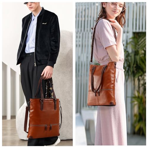 Lassviin Laptop Tote Bag, Leather Work Tote for Computer Bag Waterproof Lightweight Shoulder Bag Purse Handbag Crossbody Bag - color: Brown - Medium