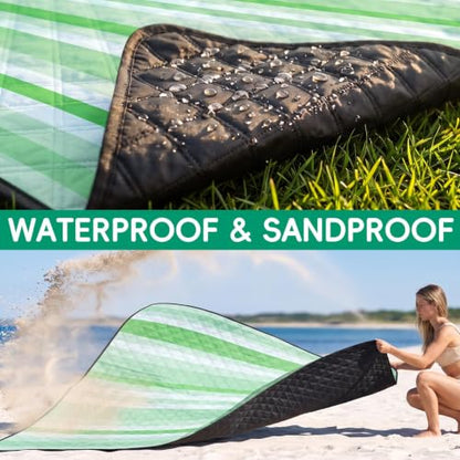 RYCHIC Waterproof Picnic Blanket Beach Mat Outdoor Outside Carpet Thick Rug Towel Kids Activity Playmat Oversized Cute Match Table Bag Set Ground Cover Park Lawn Summer Vacation Essential - color: Multi Green