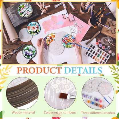 Reallnaive 8 Pcs Flower Paint by Numbers Kit for Adults Wood Floral Coaster | Mini Paint by Numbers, Tiny Round Oil Painting Drink Coaster with Holder, for Small DIY Craft Birthday Gift - style: Floral