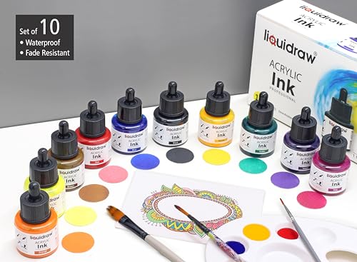 Liquidraw Acrylic Drawing Ink - 10 x 1.18 fl oz (35 ml) Bottles with Ink Dropper | Suitable for Painting, Art Drawing & Design | Great for Professionals, Artists, Students & Hobbyists | Craft Gift - style: Set of 10 (Assorted Colours)