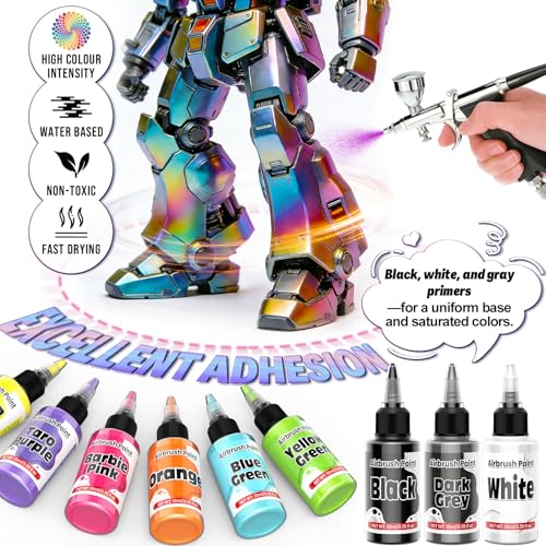 Airbrush Paint - 33 Colors Acrylic Air Brush Painting, Ready to Spray Airbrush Model Paint Kit, Water Based Airbrush Painting with 2 Thinners 6 Primer for Wood, Model Car, Craft, Metal, Plastic - size: 0.35 Fl Oz (Pack of 33)