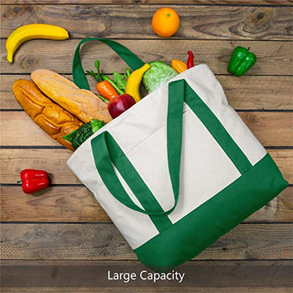 TOPDesign 1-Pack Canvas Tote Bag with an External Pocket, Reusable Grocery Shopping Bag, Top Zipper Closure, Daily Essentials (Green/Natural) - color: Green/Natural