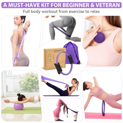 HASHMUST Pilates Ring Kit 12 PCS for Women, Home Workout Equipment with Magic Circle, Mini Exercise Ball, Resistance Bands, Massage Lacrosse, Yoga Strap, Full-Body Fitness Set for Toning & Gift - color: Purple