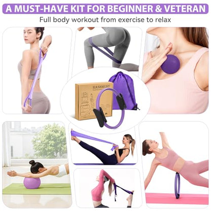 HASHMUST Pilates Ring Kit 12 PCS for Women, Home Workout Equipment with Magic Circle, Mini Exercise Ball, Resistance Bands, Massage Lacrosse, Yoga Strap, Full-Body Fitness Set for Toning & Gift - color: Purple