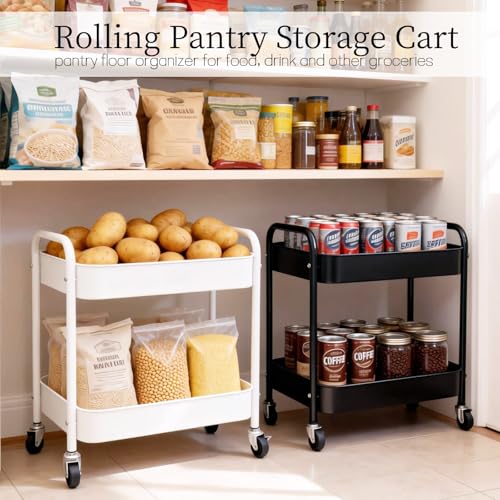 2 Tier Metal Rolling Utility Cart with Wheels Under Desk Storage Cart with Handle, Roll Around Organizer Trolley for Small Space Pantry Bathroom Home Kitchen Office Snack Baby Supplies, Black - color: Black