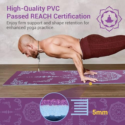 Avoalre Folding Yoga Mat, Eco-Friendly PVC Travel Yoga Mat Packable, Double Sided Non-Slip Printed Yoga Mats with Bag for Home Workout Gym Exercise Fitness Pilates Stretching (72" x 32" x 0.24" Thick) - color: Purple