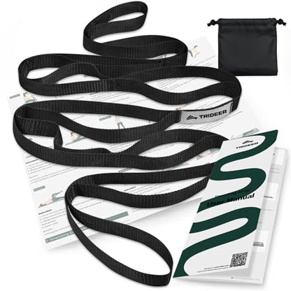 Trideer Stretching Strap with Loops & Leg Lifter, Non-Elastic PT Strap | Leg Lifter Mobility Aid, Non-Elastic PT Stretching Strap, Multi-Loop Grip Control, Home Recovery Support - color: Black
