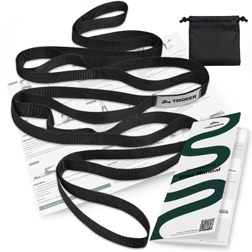 Trideer Stretching Strap with Loops & Leg Lifter, Non-Elastic PT Strap | Leg Lifter Mobility Aid, Non-Elastic PT Stretching Strap, Multi-Loop Grip Control, Home Recovery Support - color: Black