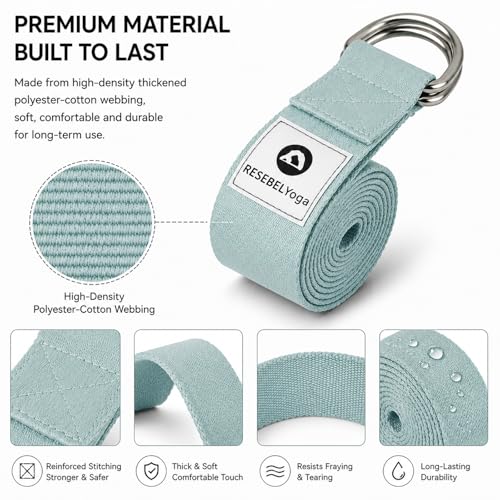 Yoga Strap for Stretching, Non-Elastic Yoga Belt with D-Ring | Thickened cotton strap in 6ft & 8ft sizes for Pilates, gym workouts, physical therapy, flexibility and posture support - color: Aqua Green, size: 8Feet/2.4M