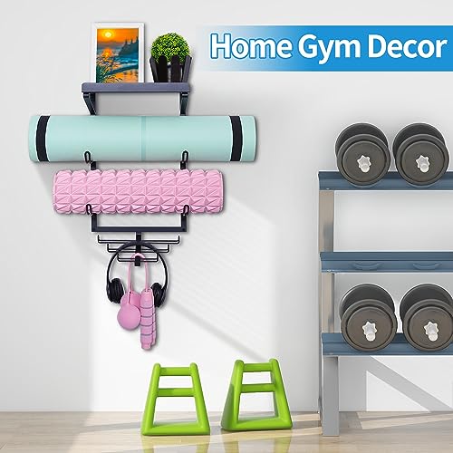 Yoga Mat Holder Wall Mount Storage Shelf Black & Hooks for Resistance Bands | All Metal Sturdy Wall Storage Organizer for Home Gym; 3 Tier for Yoga Mats, 7 Hooks for Bands & Workout Gear; Space Saving