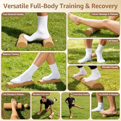 Natural Cork 5 in 1 Balance Board Kit, Foot & Ankle Strengthener with Massage Roller, Ball, Toe & Yoga Resistance Bands, Balance Trainer for Stability, Foot Strength, Pain Relief & Home Fitness