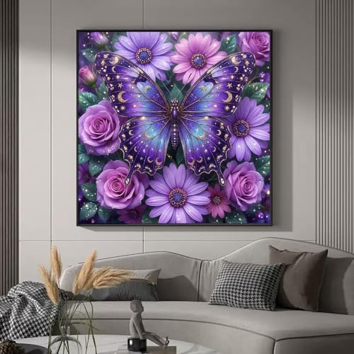 RYMILIE Diamond Art Kits for Adults Starry Night Purple Butterflies | 5D Stress Relief Diamond Painting Kit for Beginners, DIY Full Round Drill Gem Art Crafts for Home Wall Decor Gift - color: DP03875