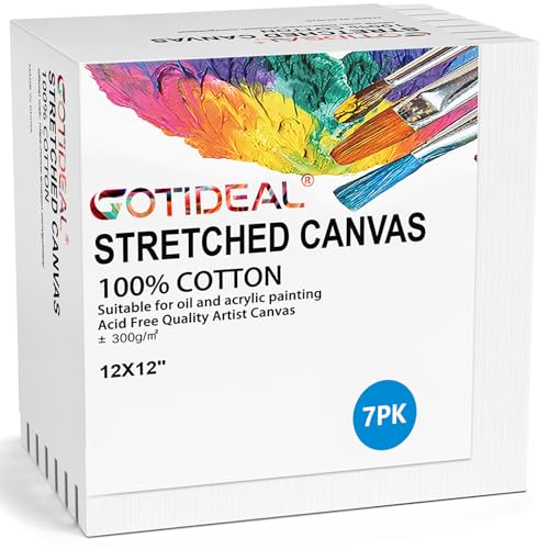 GOTIDEAL Stretched Canvases for Painting, 12x12 Inch Set of 7, Primed White | 100% Cotton Blank Art Square Canvas Boards for Painting for Acrylic Pouring, Oil Paint Dry & Wet Art Media - color: White, size: 12"x12"