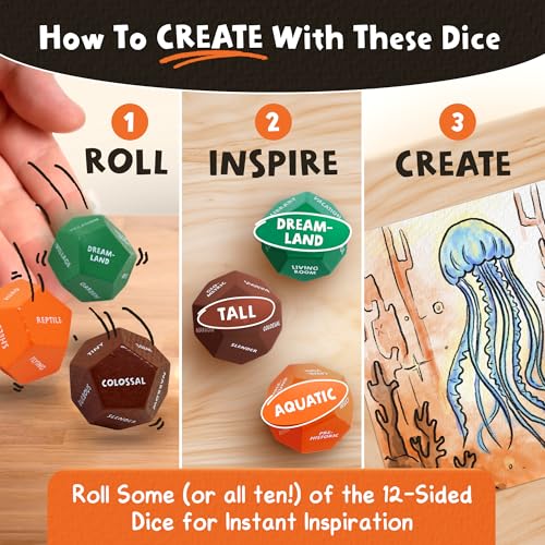 Art Dice – 12-Sided Wooden Dice with 120 Prompts to Help You Decide What to Draw or Paint – Creative Playbook with Games and Activities – Fun, Inspiring Gift for Artists of All Levels