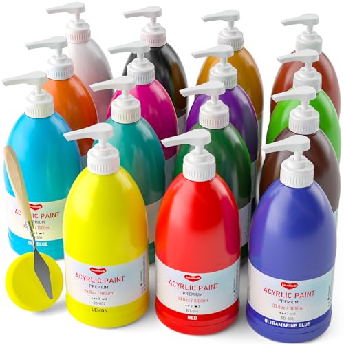Smallbudi 15 Colors Large Bulk Acrylic Paint Set 33.8oz/1000ml for Artists | Rich Pigment Art Painting Supplies Non Toxic Acrylic Kit for Kid & Adult Painting on Canvas Wood Fabric Rock Craft, with Pump - color: 15 Colors 1000ml