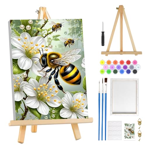 MOGTAA Paint by Numbers Kit for Adults with Frame, Bees Paint by Number Canvas, Flowers Landscape Paint by Numbers with Easel, DIY Animal Oil Painting Kit for Home Wall Decor 8 x 12 Inch - color: Bee