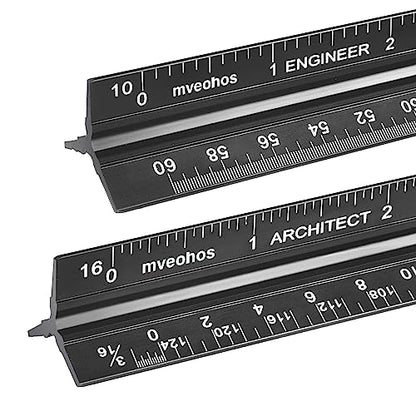 Architectural and Engineering Scale Ruler Set, Imperial Measurements 12'', Black Laser-Etched Aluminum Architect Triangular Ruler for Architects, Students, Draftsman, and Engineers | Black, Laser-Etched Aluminum Architect Triangular Ruler for Architects,