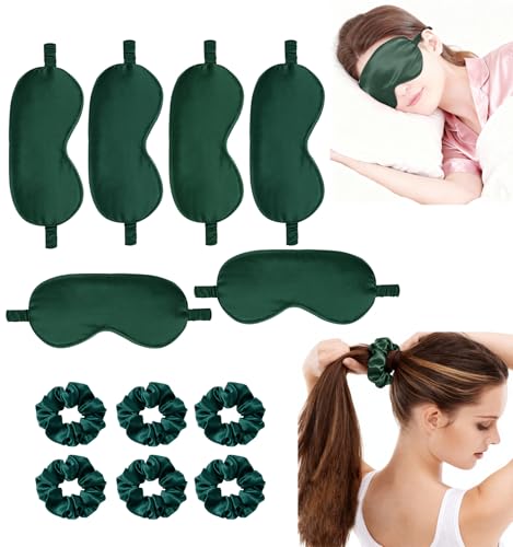 12Pcs Silk Sleep Masks Satin Eye Mask Silky Eyes Cover Blindfold Eyeshade Hair Ties Scrunchy Travel Bridesmaids Gifts - color: Evergreen