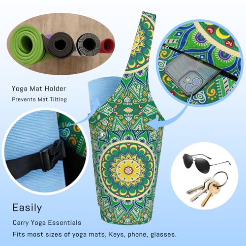 Mandala Yoga Mat Bag with Large Waterproof Zipper Pocket and Drawstring Pocket Long Tote Yoga Mat Carrier Holder Bags Fit Most Size Mats - color: Green