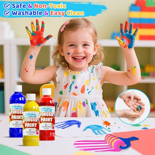 Washable Finger Paint for Kids, 8oz x 8 Colors - Non-Toxic, Thick Finger Paint for Toddlers, Art Supplies for Home & Classroom Use, Large Bottles