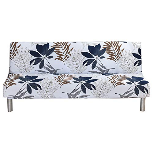 MIFXIN Armless Sofa Cover Futon Slipcover Stretch Elastic Folding Sofa Bed Non-Armrest Couch Furniture Protector Spandex Printed Washable Sofa Cover Without Armrests (Grey Blue Leaf) - color: Grey Blue Leaf