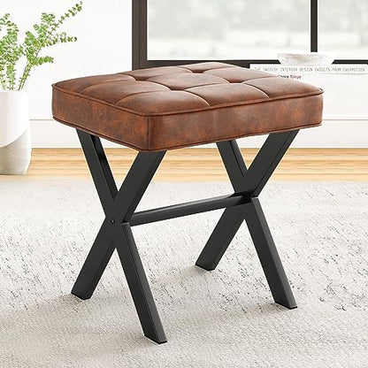 LUE BONA Vanity Stool, Square Faux Leather Makeup Stool with Metal X Legs, Small Ottoman Stool Chair for Vanity, Modern Padded Vanity Seat Foot Rest Stool for Makeup Room, Living Room, Reddish Brown - color: Reddish Brown
