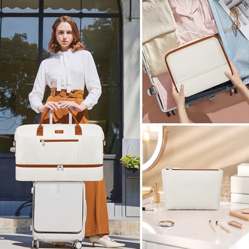 ITIEZY Weekender Bag for Women 21.5" Travel Duffel Large Carry On Bag 3PCS | Nylon Duffel Bag with Waterproof Shoe Compartment, Crossbody Bag and Toiletry Bag, Travel Weekend Hospital Overnight Gym Bag - color: 9a-Beige