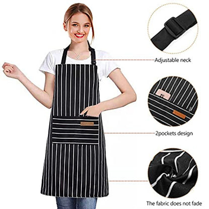 RUIBOLU Adjustable Bib Apron with 2 Pockets Cooking Kitchen Cotton Aprons for Women Men Chef Restaurant BBQ Painting - color: Black Stripes