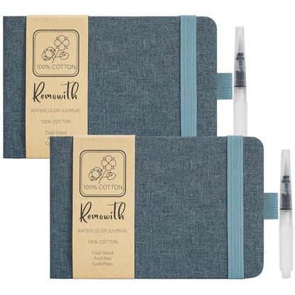 Watercolor Journal Sketchbook 2 Pack 5.5x8.2 Navy Blue | Cotton paper, 24 Sheets each, 140 LB 300 GSM, Linen cover, Tap Water Pen - color: Navy Blue, size: 5.5x 8.2 Inch 2 Pack