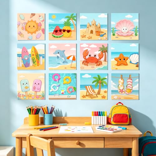 12 Packs Summer Pre Drawn Canvas to Paint, Ocean Pre Printed Canvas for Painting, Pre Stretched Canvas Outline Painting Boards for Beginners, Students, Party Favors 4 * 4inch - color: Summer