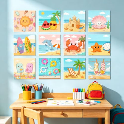 12 Packs Summer Pre Drawn Canvas to Paint, Ocean Pre Printed Canvas for Painting, Pre Stretched Canvas Outline Painting Boards for Beginners, Students, Party Favors 4 * 4inch - color: Summer