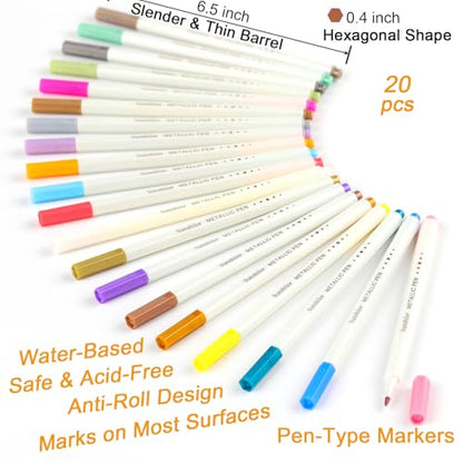 Sunshilor Metallic Markers Fine Point Metallic Marker Pens for Black Paper, Rock Painting, Easter Egg, Halloween Pumpkin, Card Making, Metal, Ceramic, Wine Glass, Set of 20