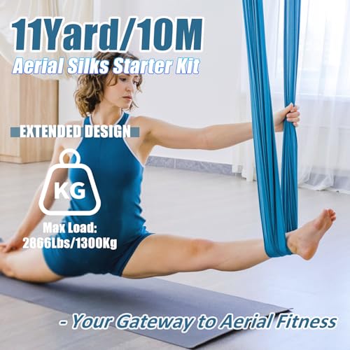 Aerial Silks Kit & Aerial Yoga Hammock - 11Yd Premium Fabric with Hardware | Easy Setup for Flying Yoga, Aerial Swing & Fitness - Supports Up to 14ft Rigging(Navy) - color: Light Blue