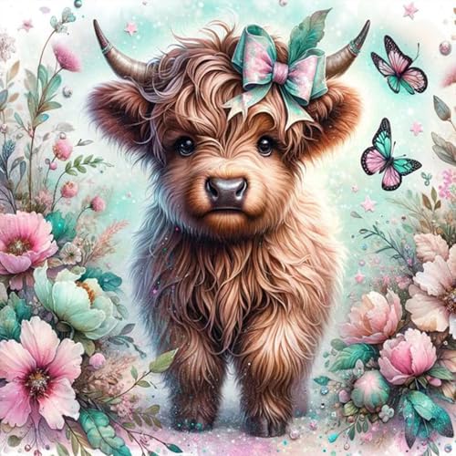 Camocin Diamond Art Kits for Adults, Flowers Highland Cow Diamond Painting | Gem Art, Diamond Dot, 5D Full Round Drill, Farmhouse Rustic Wall Decor, DIY Craft Gift, 14x14 Inch - color: LBDP1P21