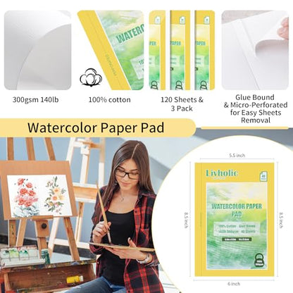 120 Sheets 100% Cotton Watercolor Paper Block 300 GSM / 140 lb Heavyweight 8.5 x 6 Inch Tear Edge Glue Bound Water Color Pad Sketchbook for Artists, Students Painting,Art Journals