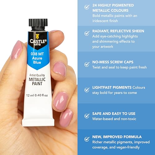 Castle Art Supplies 24 Piece Metallic Acrylic Set for Adults - New Formula | Richer shimmering finish in 24 X 12ml tubes - for adult artists, beginners, and crafters, presentation box included