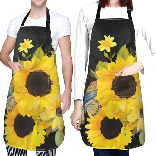 Artist Painting Apron with 2 Pockets Painters Art Aprons Gifts for Women Men - color: Sunflowers and Butterfly