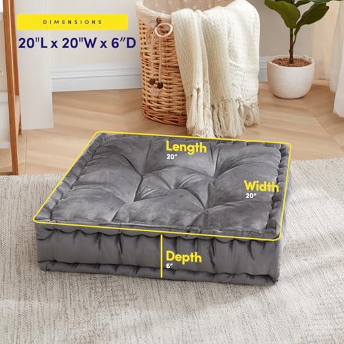 Sweet Home Collection Floor Pillow Large Square Tufted Decorative Cushion. Faux Velvet Fabric Ultra Thick Fill for Kids and Adults, Gray (Pack of 1, 2 Count)