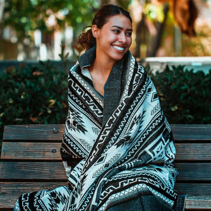 Off the Grid Inca Aztec Throw Blanket | Southwest Indian Navajo Boho Style | Native Woven Western Cover for Camping, Bedding, Couch (King, Cotopaxi Slate) - color: Cotopaxi Slate, size: King